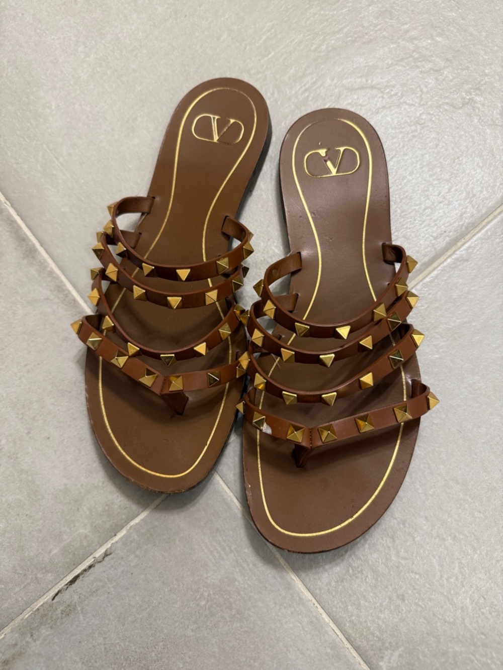 Valentino Brown Leather Rockstud Triple- Strap Slide Sandals with Gold Studs